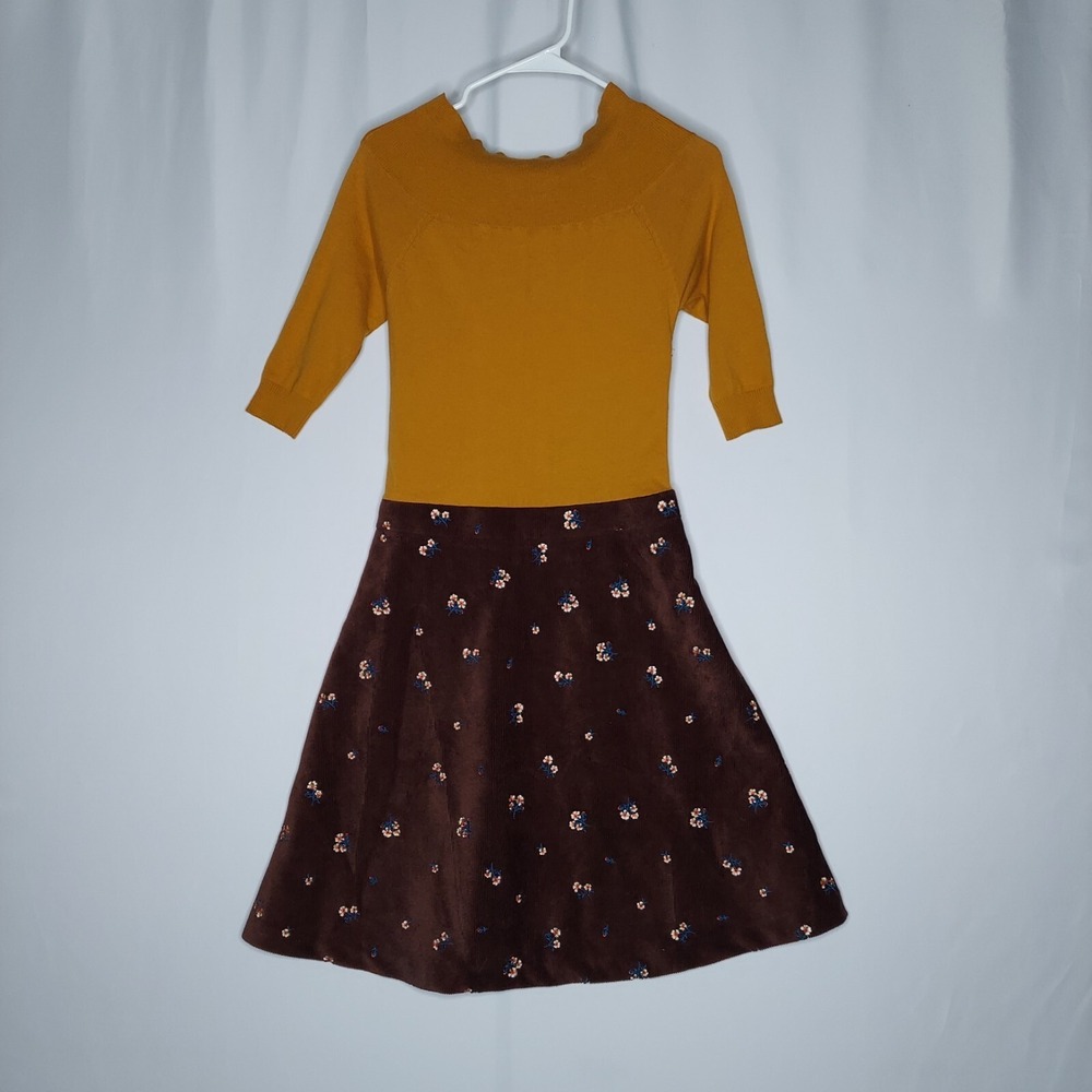 Vero Moda Retro Dress Small Gold Brown Corduroy Floral Skirt Knit Half-Sleeve‎